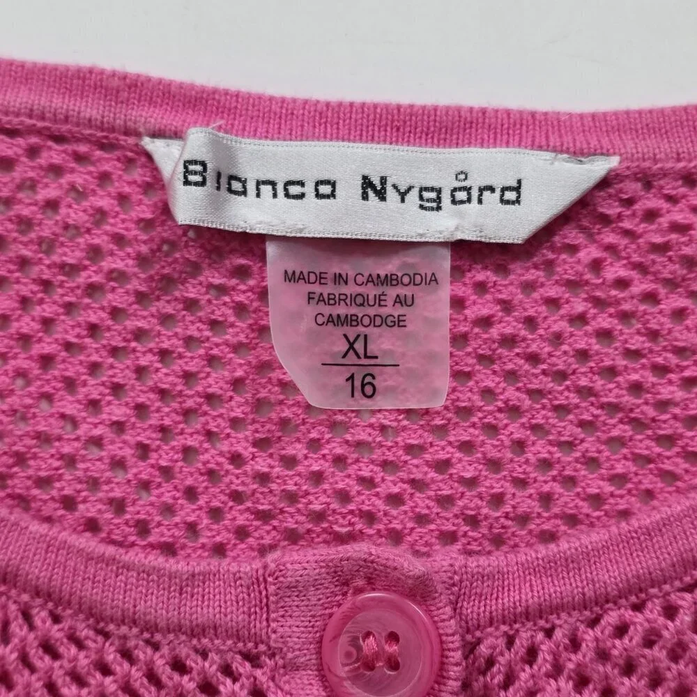 Bianca Nygard Cardigan Womens XL Hot Pink SS Button Up Round Neck Boho Open Knit